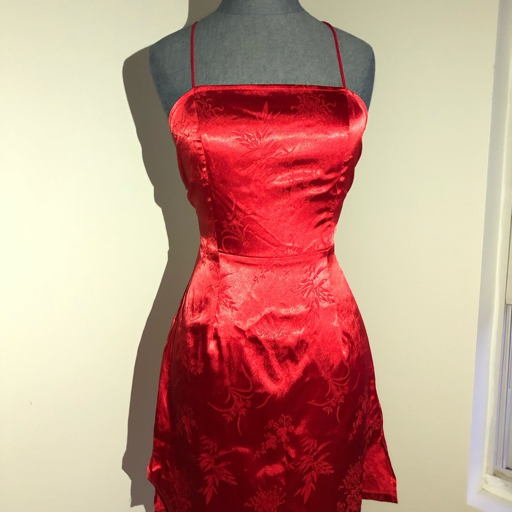 Red Satin Oriental Lace Up Back Bodycon Dress